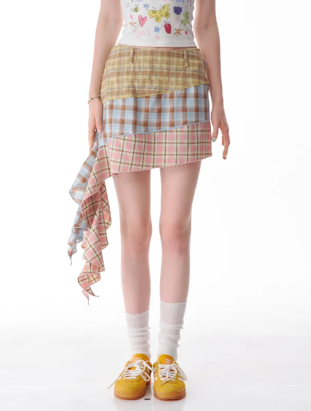 Asymmetric Patchwork Plaid Mini Skirt belted skirt waist