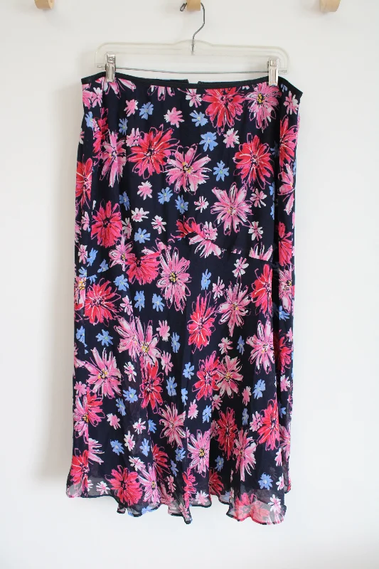 Liz Claiborne Navy Blue & Pink Floral skirt | 14 Petite silk skirt luxurious