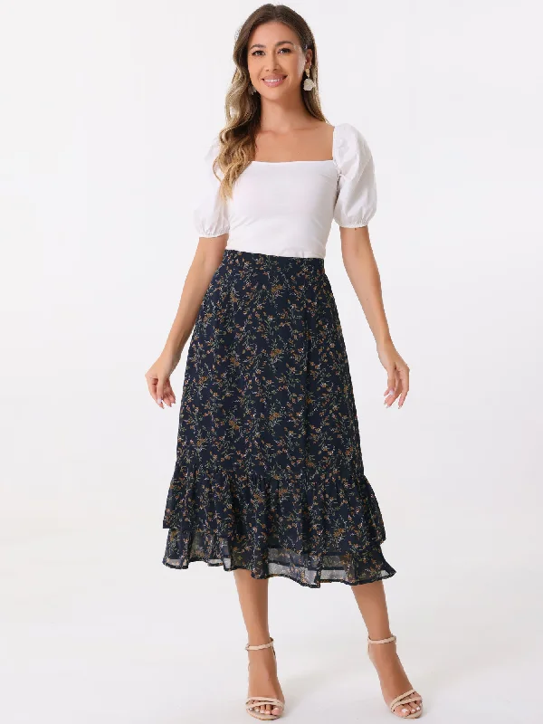 Chiffon Printed Elastic Waist Ruffle Tiered Flowy Midi Skirt pencil skirt chic