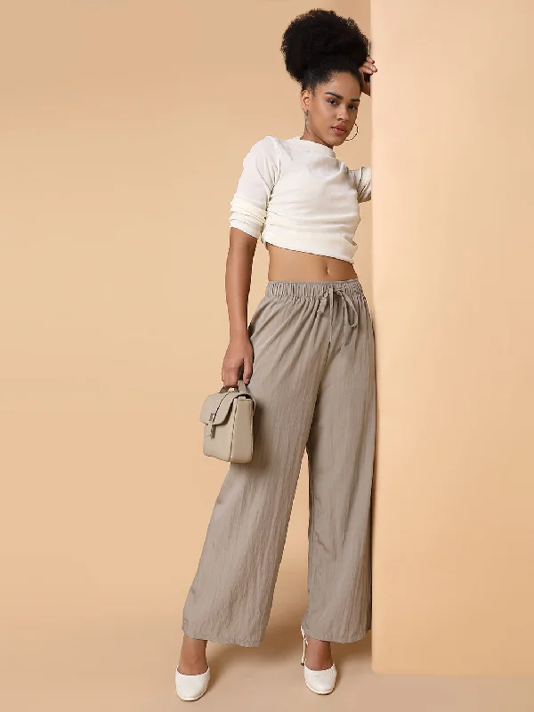 Women Solid Beige Straight Trouser-6613-Beige High Waist Slim Fit Ankle Length