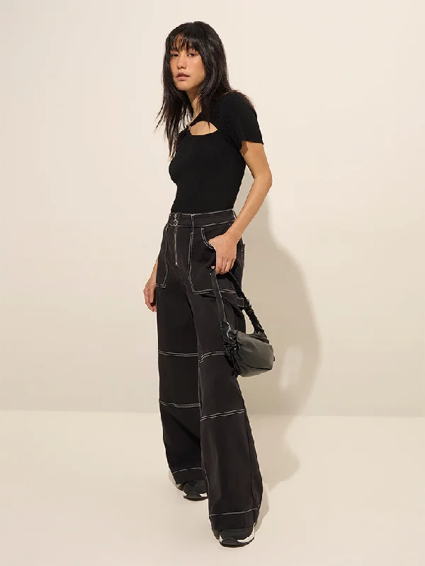 Nuon Black High-Rise Relaxed-Fit Cotton Trousers High Waist Slim Fit Ankle Length