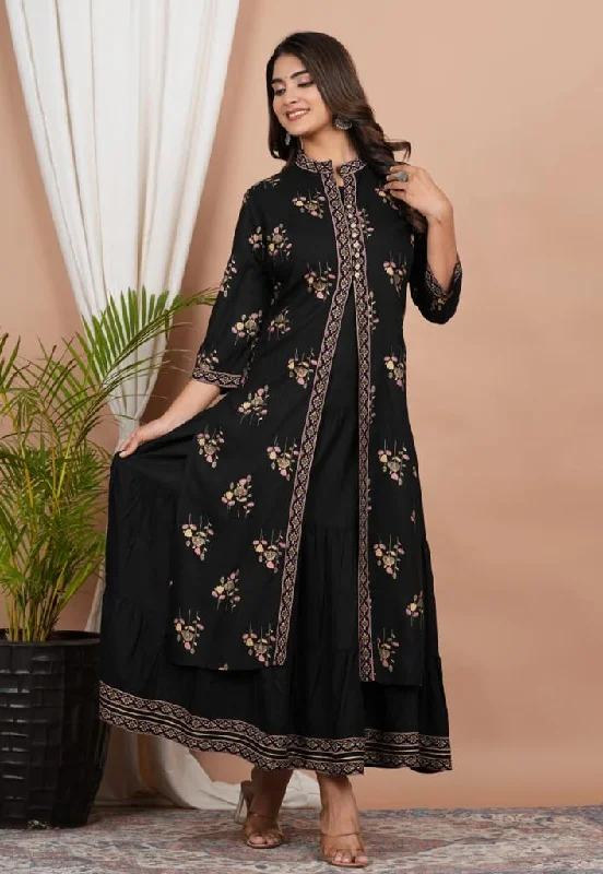 Black Printed Double Layered Cotton Anarkai Kurta with Jacket Rayon Fabric Velvet Fabric Corduroy Fabric