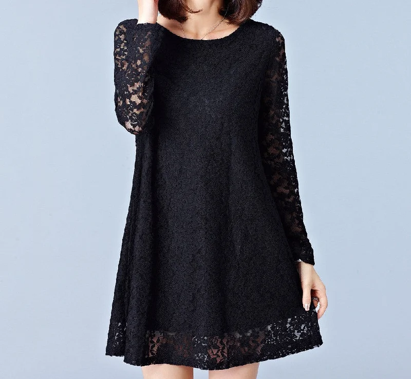 Dresses Plus Size Women Clothing Hollow Out Lace Dress Long Sleeve Ladies Office Dress Black #F139 Dresses Plus Size Women Clothing Hollow Out Lace Dress Long Sleeve Ladies Office Dress Black #F139