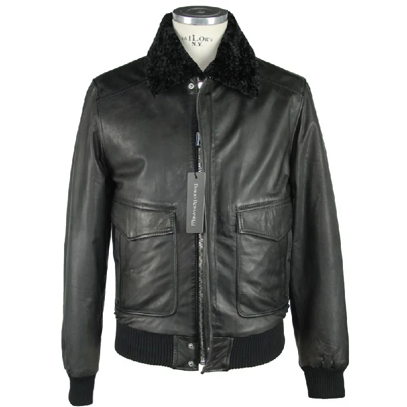 Sleek Black Leather Zip Jacket Fleece Jacket Down Jacket Parka