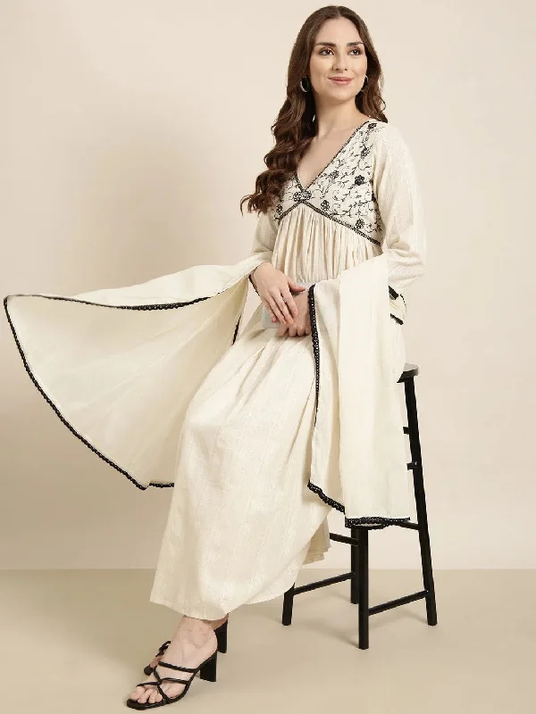 Women Anarkali Cream Woven Design Kurta and Trousers Set Comes With Dupatta-UB-2923-Cream Trousers sophisticated sleek Women Anarkali Cream Woven Design Kurta and Trousers Set Comes With Dupatta-UB-2923-Cream Trousers sophisticated sleek