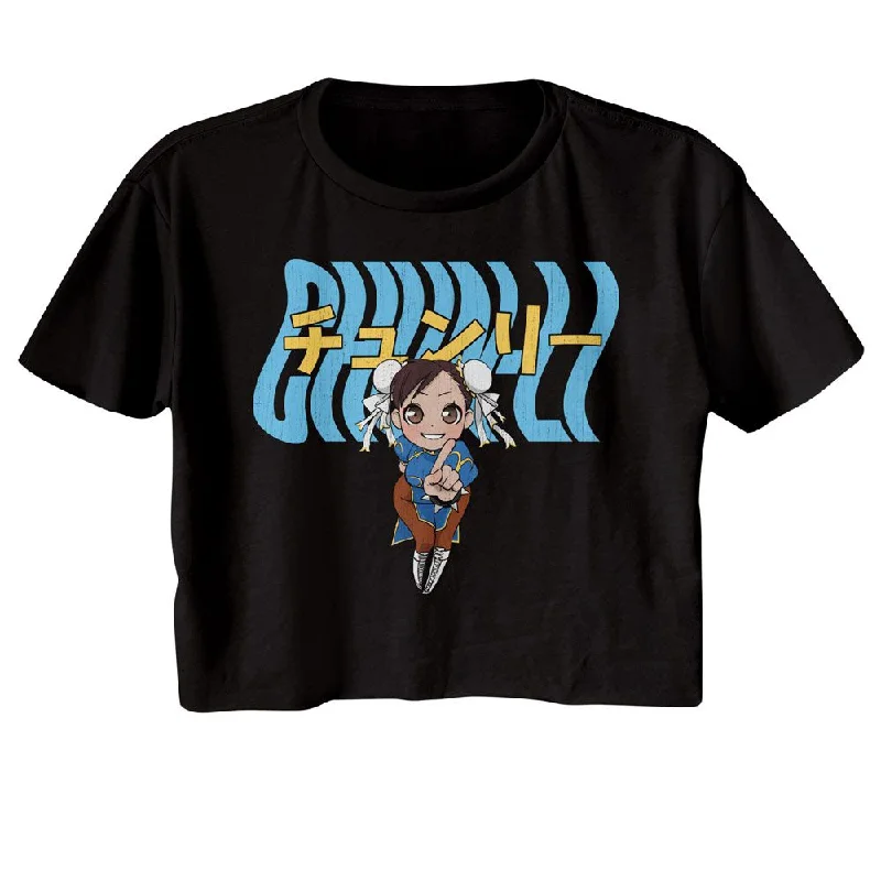 STREET FIGHTER Crop Top, Chun Li Warped Text Thin Crop Top Open Front Quick Dry