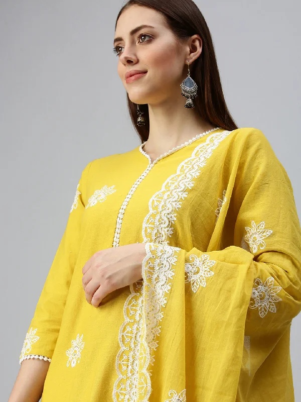 Women A-Line Yellow Embroidered Kurta and Trousers Comes with Dupatta-AB01-Yellow Trousers Satin Smooth Women A-Line Yellow Embroidered Kurta and Trousers Comes with Dupatta-AB01-Yellow Trousers Satin Smooth