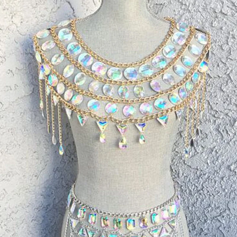 Crystal Sequin Women 2 Piece Set Festival Outfits Handmade Patchwork Metal Tassel Chain Crop Top Skirt Women Set Jersey Fabric Tulle Fabric Batik Fabric
