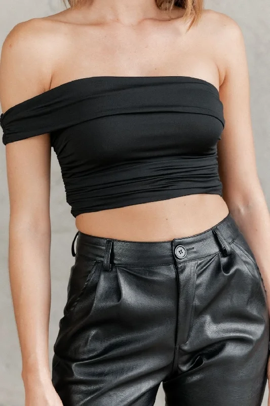 Black Single Side Off Shoulder Crop Top Mesh Fabric Canvas Fabric Denim Fabric