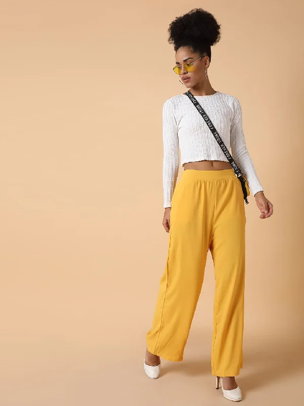 Women Flat Front Solid Mustard Trousers-2572-Mustard Trousers Business Professional