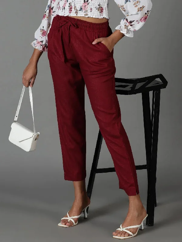 Women's Burgundy Solid Cigarette Trouser-AL-001-Burgundy Trousers Top Rated