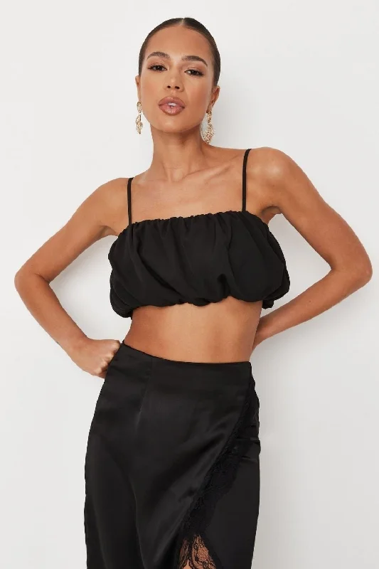 Black Puffball Cami Crop Top Elasticated Padded Insulated