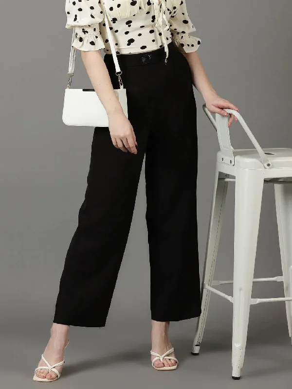 Women's Black Striped Parallel Trouser-IM-10111-Black Trousers Handmade Artisanal