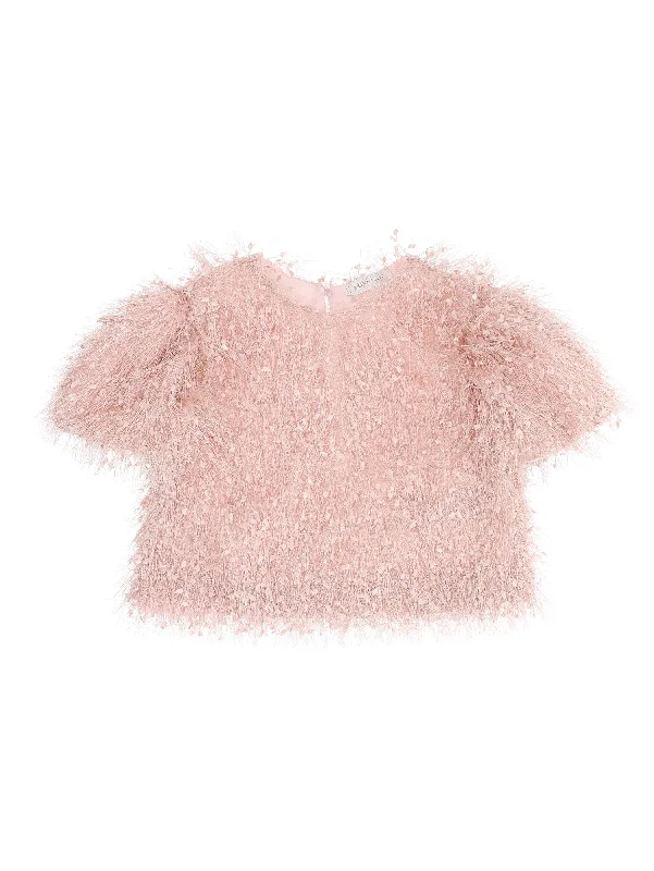 ML Pink Feathered Crop Top Terry Blend Velvet Blend Canvas Blend