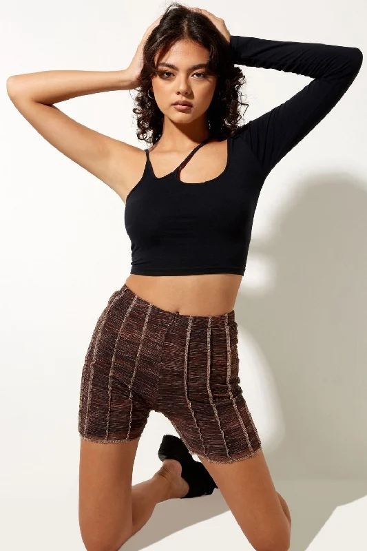 Black Asymmetric Shoulder Sleeve Crop Top Mesh Canvas Denim