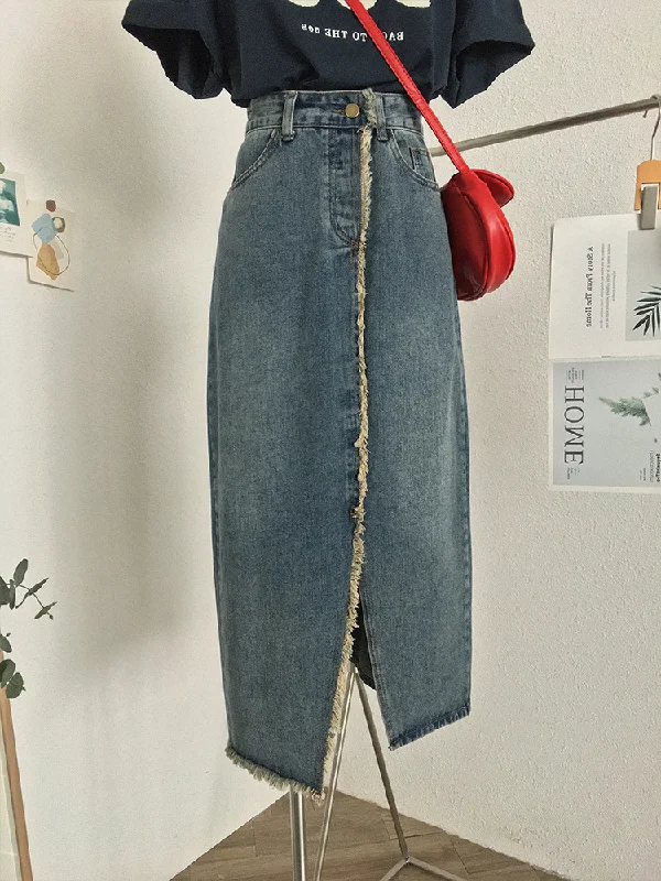 Women Simple High Waist Covering Hip Irregular Denim Skirt silk skirt lustrous