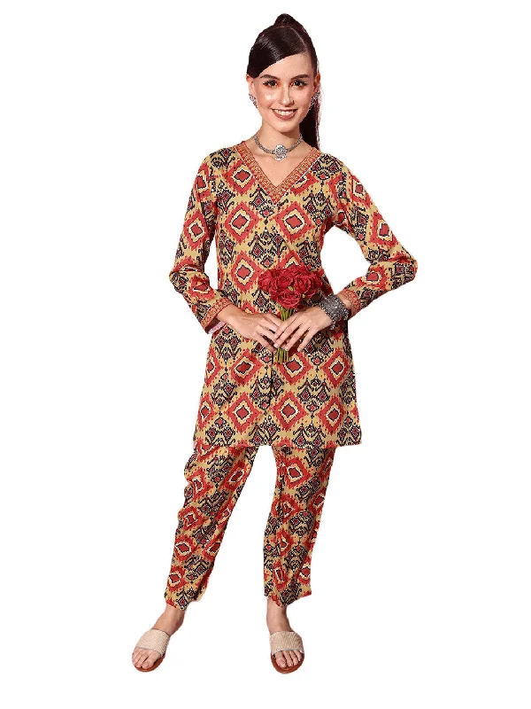 Jashvi Women Printed Tunic with Trousers Trousers Leather Faux