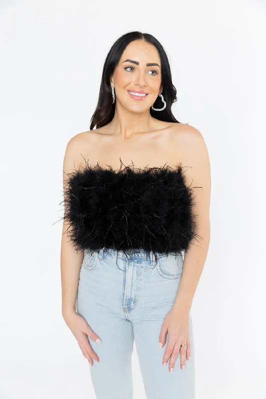 Fancy Strapless Feather Crop Top - Noir Rayon Fabric Velvet Fabric Corduroy Fabric