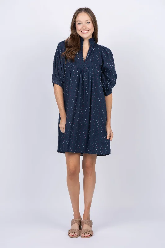 Never A Wallflower High Neck Dress in Navy Swiss Dot