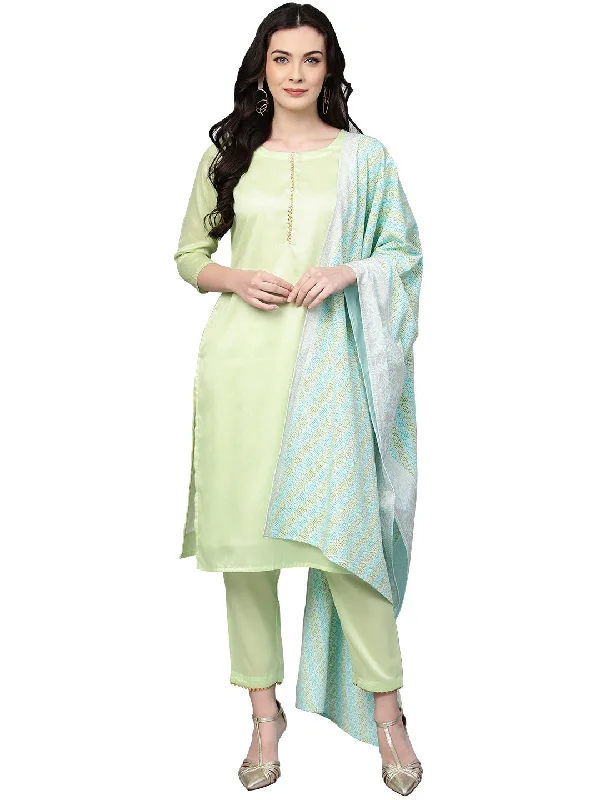 Women's Sea Green Cotton Blend Solid Kurta Trouser Set With Dupatta- Ahalyaa Trousers Satin Smooth Women's Sea Green Cotton Blend Solid Kurta Trouser Set With Dupatta- Ahalyaa Trousers Satin Smooth