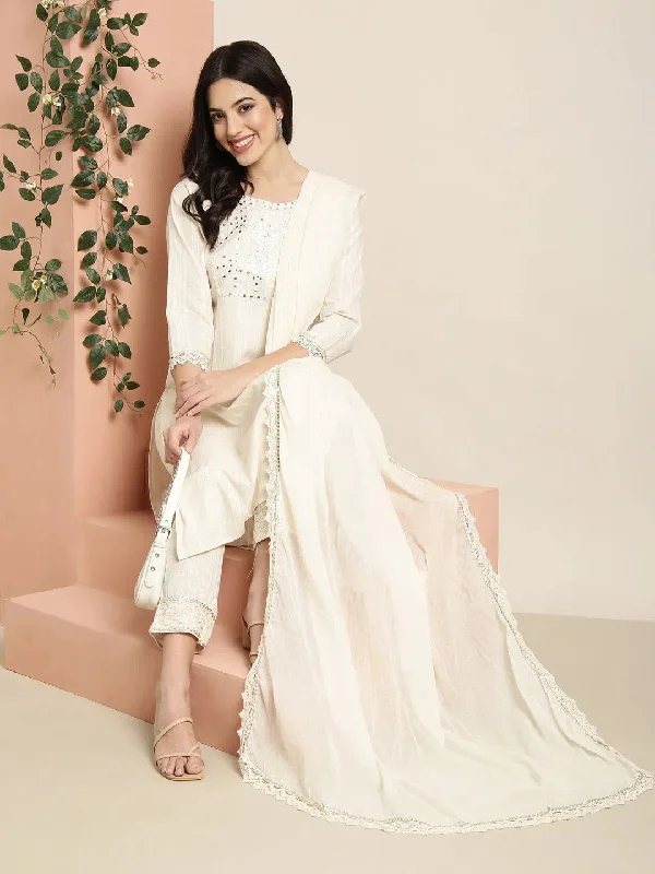Women Straight Cream Solid Kurta and Trousers Set Comes With Dupatta-UB-2637-Cream Trousers Evening Elegant Women Straight Cream Solid Kurta and Trousers Set Comes With Dupatta-UB-2637-Cream Trousers Evening Elegant