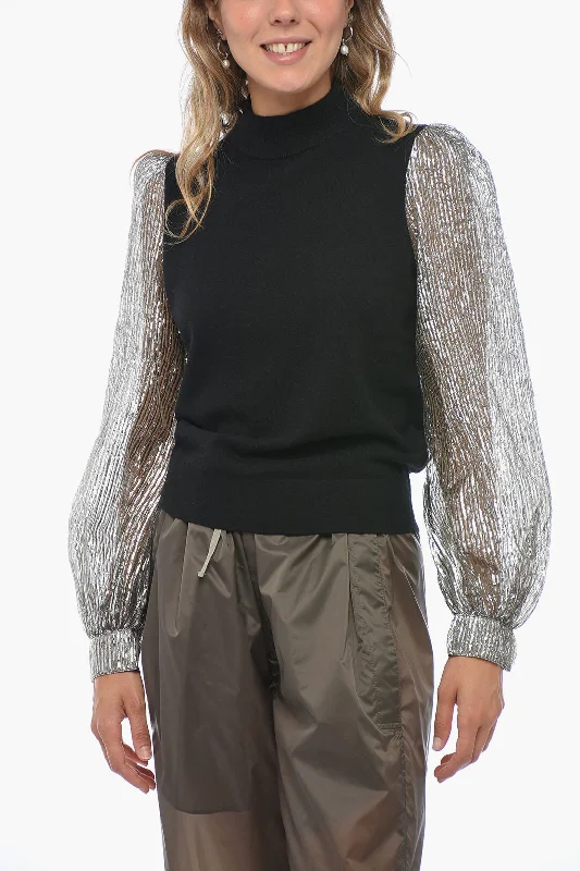 Tory Burch Turtleneck Sweater with Sleeves Crinkle Effect M Standard size Chenille Brocade Lace