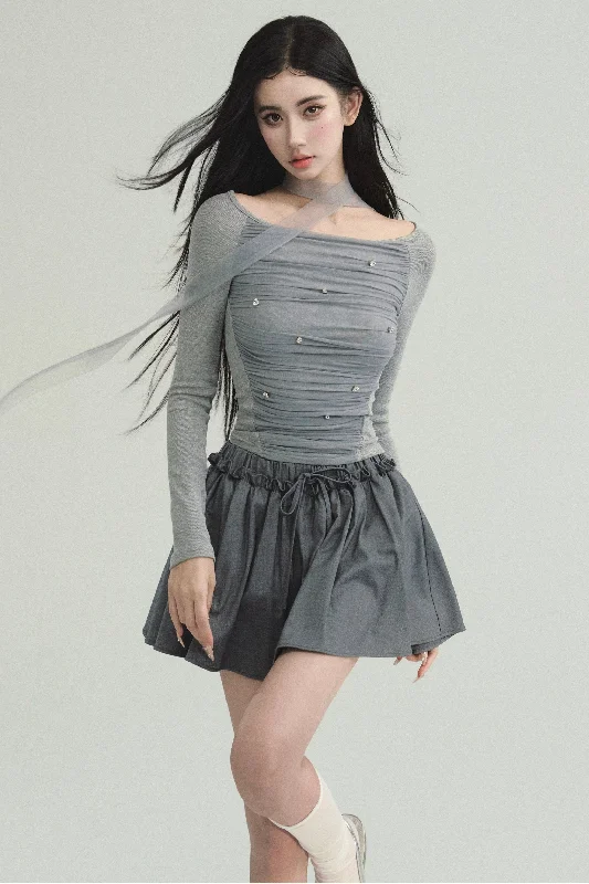 Chic Gray Off-Shoulder Strappy Top and Flared Mini Skirt Set silk skirt luxurious