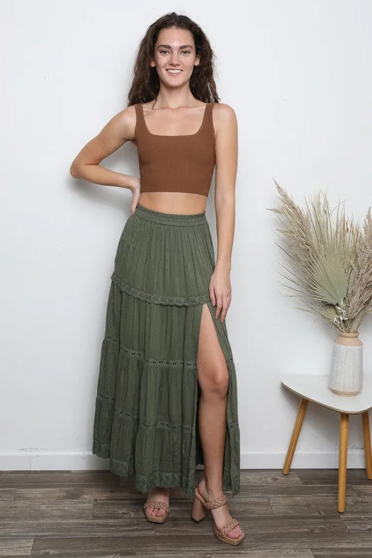 Angie Tiered Olive Maxi Skirt cashmere skirt rich