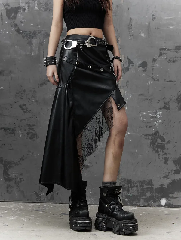 Frustration Garden Gothic Punk Asymmetrical Skirt - Black Faux Leather With Lace Trim And Chain lace skirt romantic