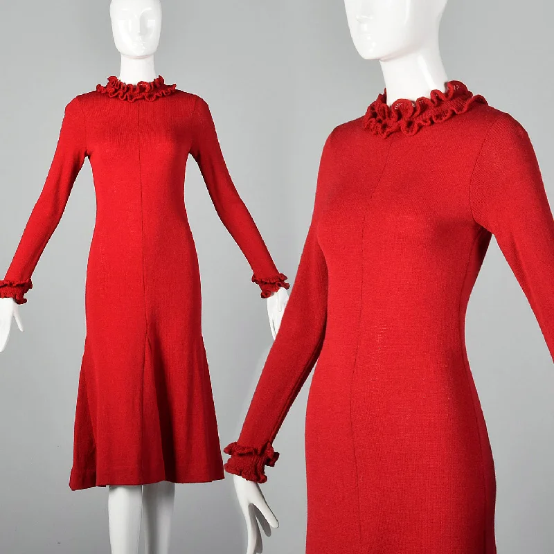 1970s Red Knit Sweater Dress Striped Floral Plaid