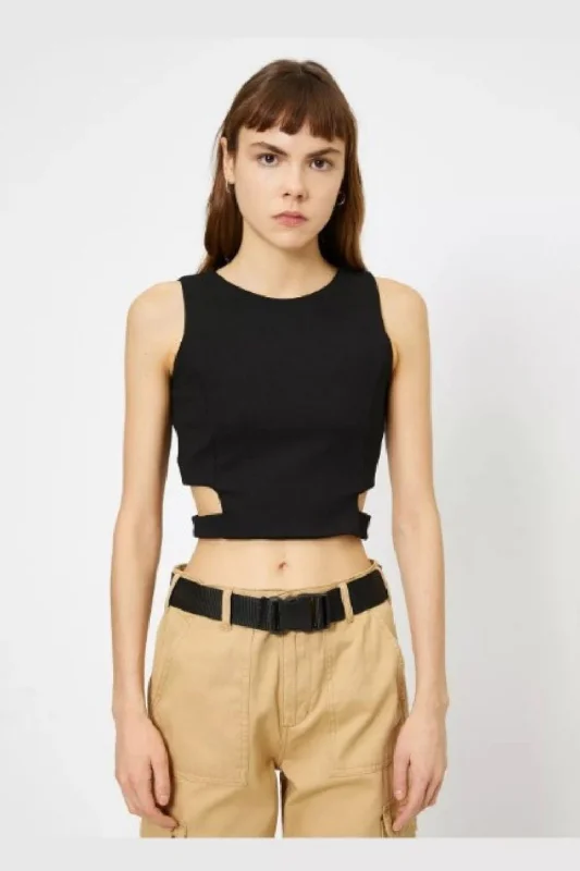 Black Side Cut Out Sleeveless Crop Top Striped Floral Plaid