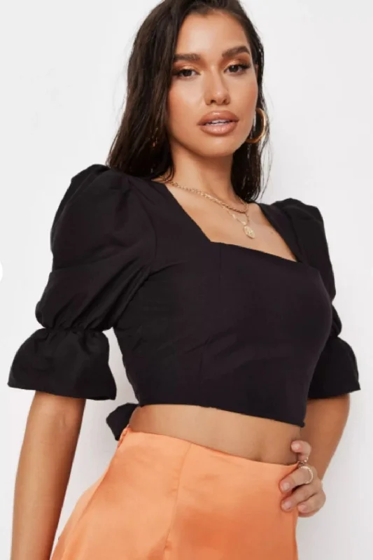 Black Puff Sleeve Tie Back Crop Top Spandex Blend Rayon Blend Denim Blend