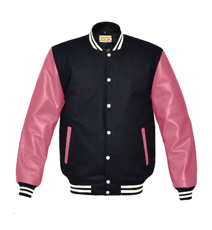 Superb Genuine Pink Leather Sleeve Letterman College Varsity Women Wool Jackets #PKSL-WSTR-WB Front Pockets Side Pockets Patch Pockets