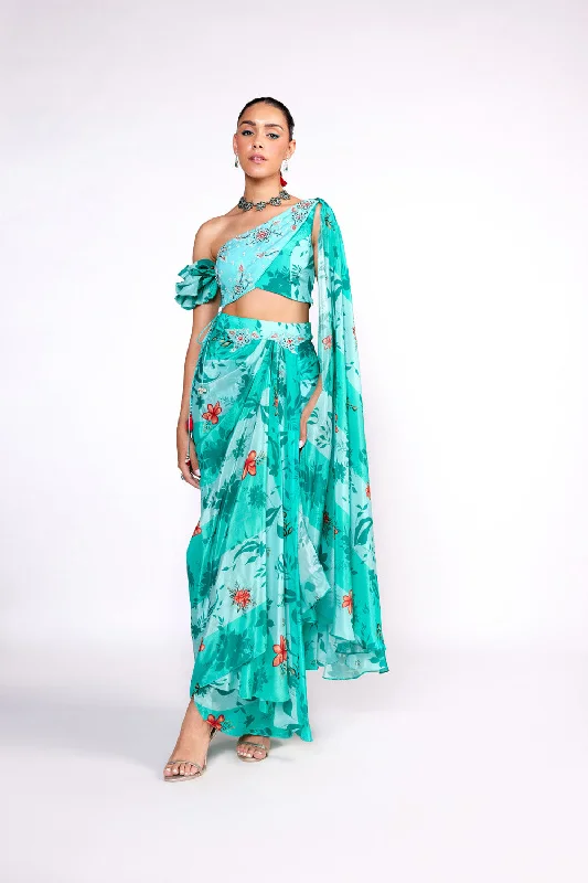 Aqua Green Drape Skirt Set satin skirt smooth