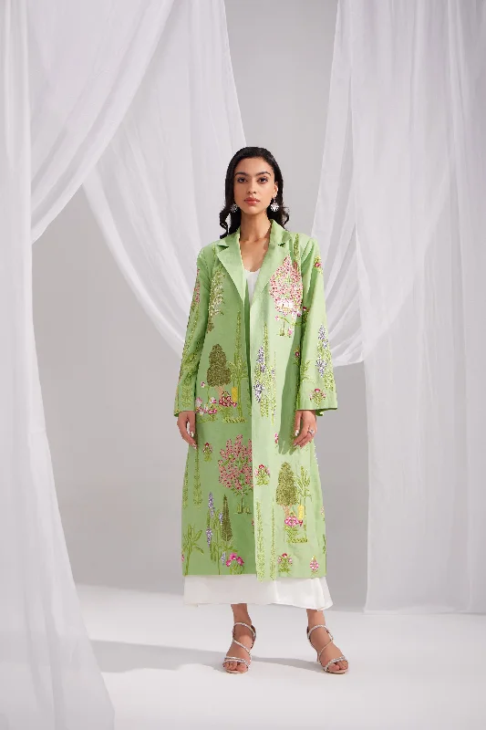 Pearl White Silk Dress & Green Linen Enchanted Garden Long Jacket Set Herringbone Jacket Checkered Jacket Solid Jacket