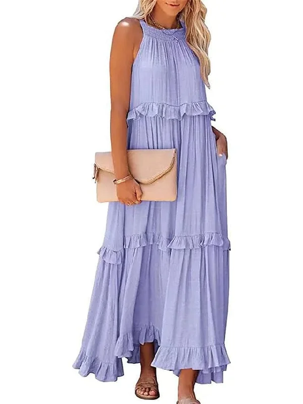 Rosa Clothing Resort-Style Ruffles Swing Floaty Beach Dress in Purple