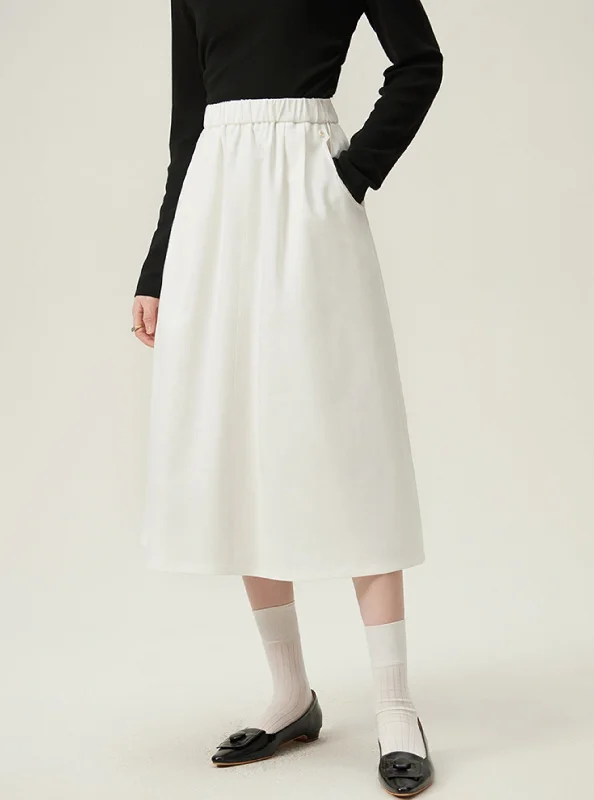 Preppy Elastic Midi Skirt - White A-Line Tennis Skirt wool skirt warm