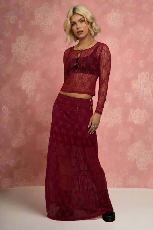 Daisy Street Red Lace Maxi Skirt with Bows high slit skirt