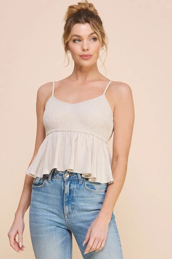 LINEN BLEND SMOCK CAMI TANK BABYDOLL cold shoulder tank