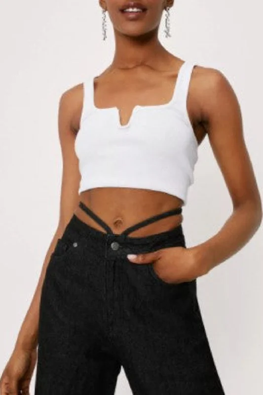 Notch Cut Out Square Neck Crop Top Knit Fabric Woven Fabric Fleece Fabric