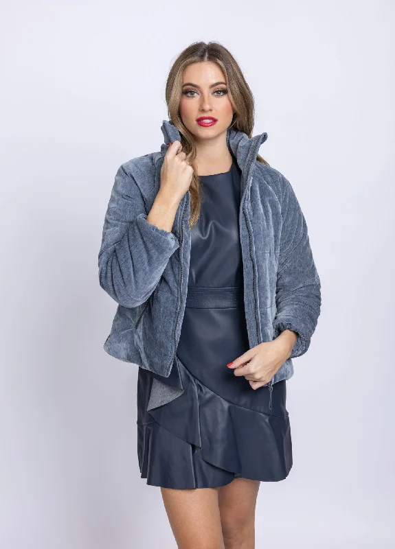 Dylan Velvet Puffer Jacket in Denim Rayon Fabric Velvet Fabric Corduroy Fabric