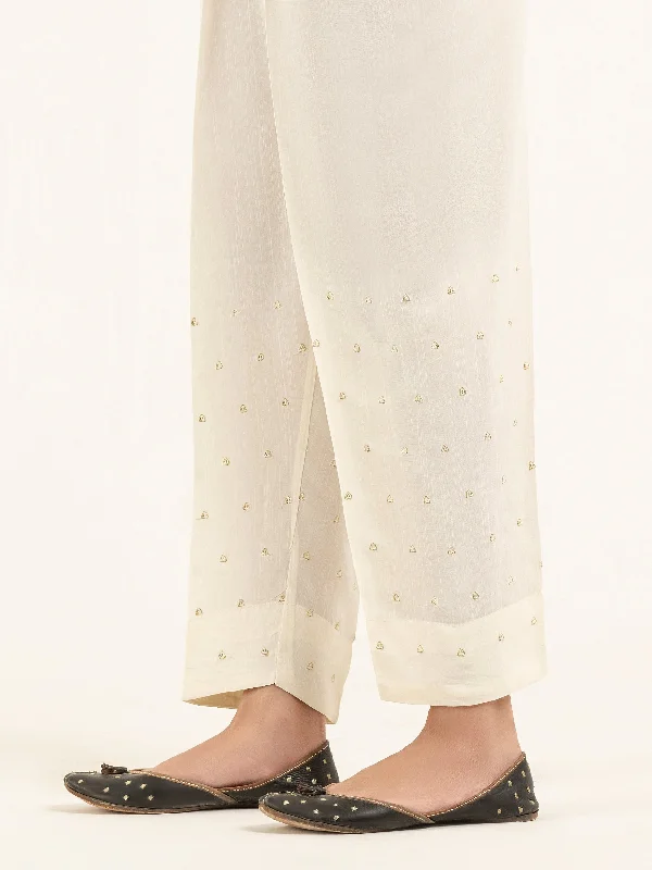 Embroidered Raw Silk Trousers(Pret) Cropped Trousers Casual Linen