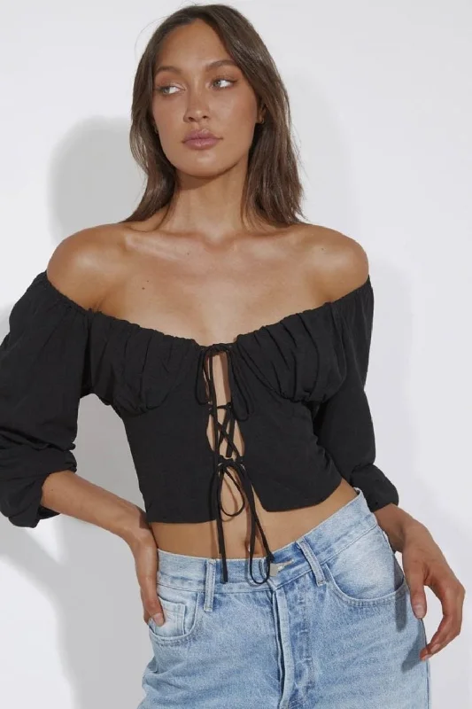 Detailed Front Black Crop Top Rayon Fabric Velvet Fabric Corduroy Fabric