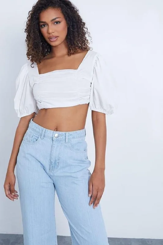 Puff Sleeves  Square White Crop Top Embroidered Appliqued Beaded