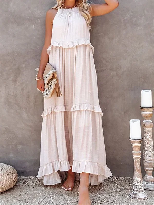 Rosa Clothing Resort-Style Ruffles Swing Floaty Beach Dress in Apricot