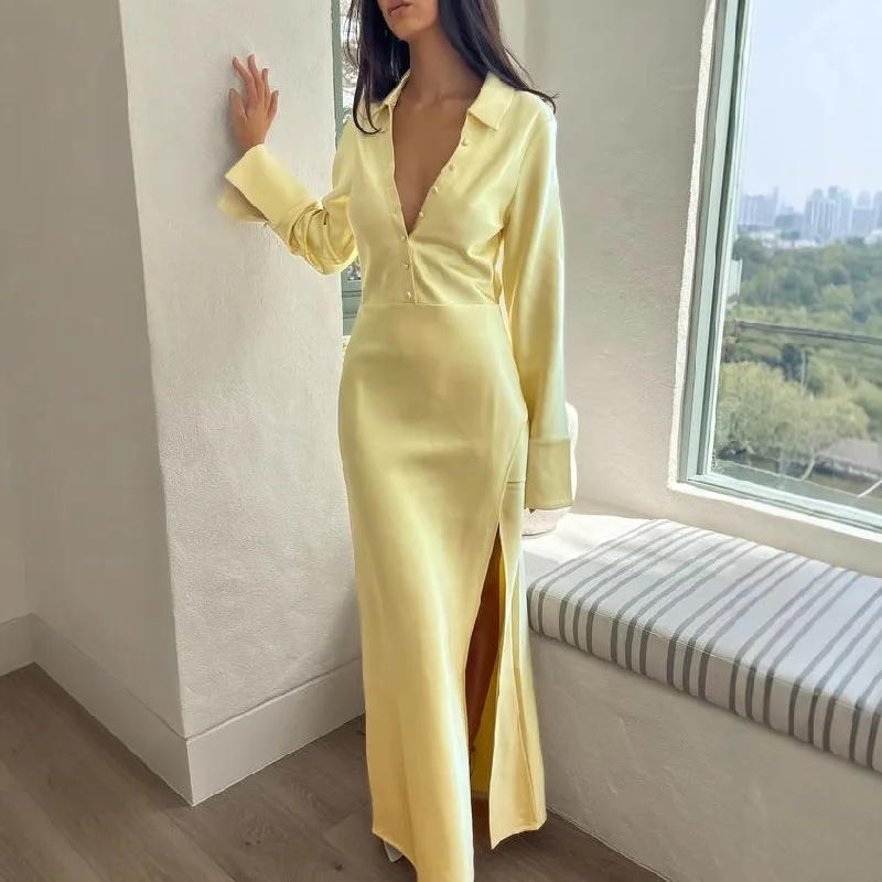 Women's Satin Dress Long Sleeve Split