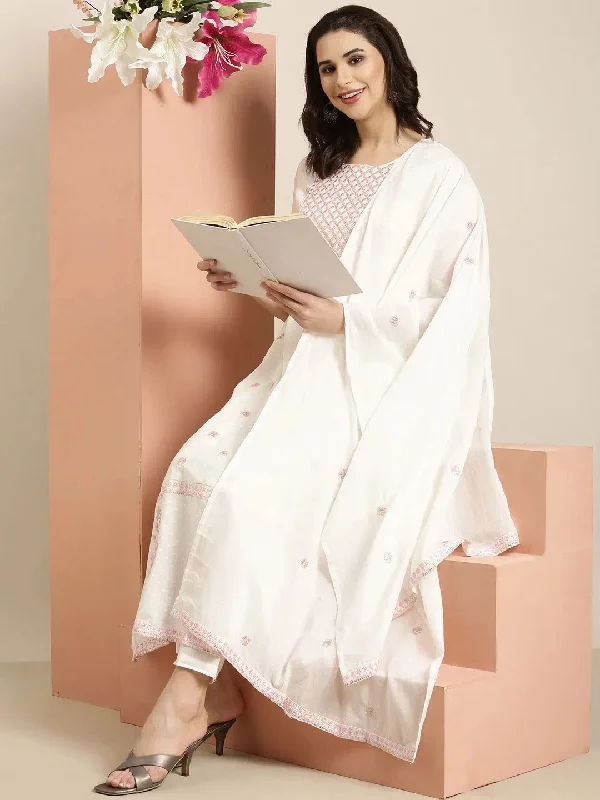 Women Anarkali Off White Floral Kurta and Trousers Set Comes With Dupatta-RJF-2150-Offwhite Trousers Silk Elegant Women Anarkali Off White Floral Kurta and Trousers Set Comes With Dupatta-RJF-2150-Offwhite Trousers Silk Elegant