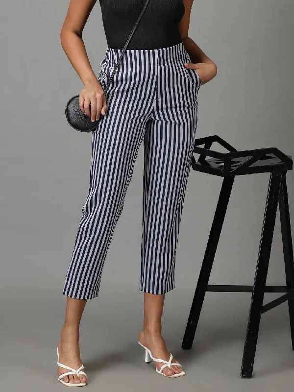 Women's Navy Blue Striped Formal Trouser-IM-9897-Navyblue Trousers Sale Discount