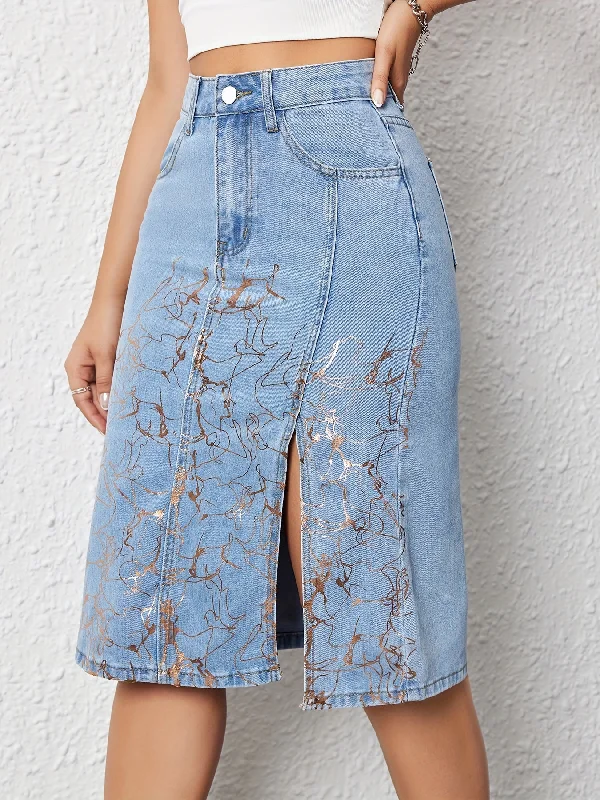 Stylish High-Waisted Midi Skirt - Women Denim Skirts - Golden Accent, Slimming, Elegant, Fashionable, Casual, Streetwear, Comfortable, Flattering, Versatile, and Perfect for Daily Wear leather skirt bold Stylish High-Waisted Midi Skirt - Women Denim Skirts - Golden Accent, Slimming, Elegant, Fashionable, Casual, Streetwear, Comfortable, Flattering, Versatile, and Perfect for Daily Wear leather skirt bold