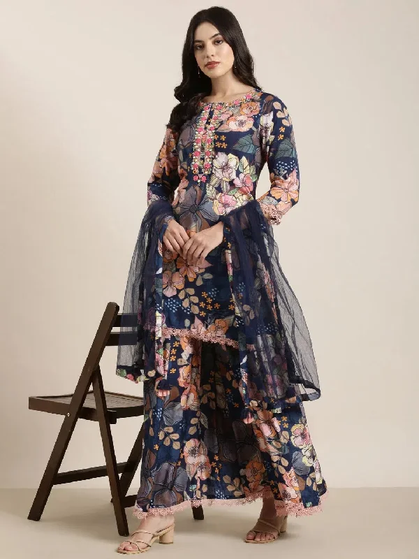 Women Straight Navy Blue Floral Kurti and Trousers Set Comes With Dupatta-DW-SK-1934-Navyblue Trousers Canvas Durable
